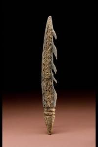 Bone harpoon point from Kantanda, Congo. Age: 80,000 - 90,000 years old. Humans in Central Africa used this harpoon point to spear huge prehistoric catfish weighing as much as 68 kg (150 lb), enough to feed 80 people for two days.