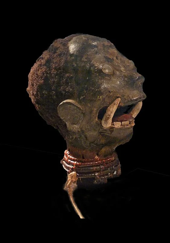 A human head dance crest of the Ekoi/Boki headhunters of northern Cameroon and Nigeria. They are also known as the Ejagham culture. 20th century.