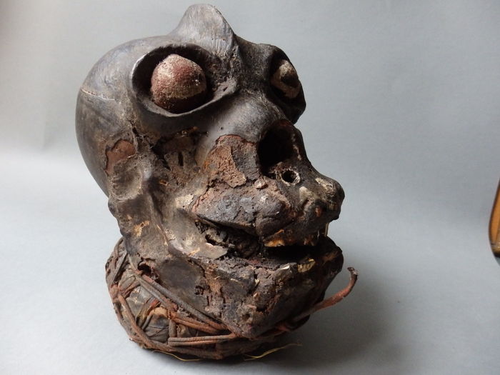 A nkisi from Cross River area of Cameroon/Nigeria. This head was sold at auction in Germany. The skin was claimed to be antelope stretched over wood, with real teeth. Mid-20th century.