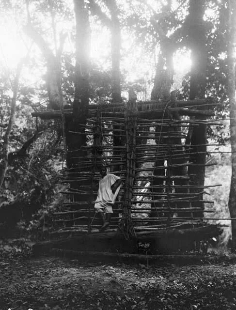 Steps up to a suspension bridge in Loffa, Liberia, 1929.