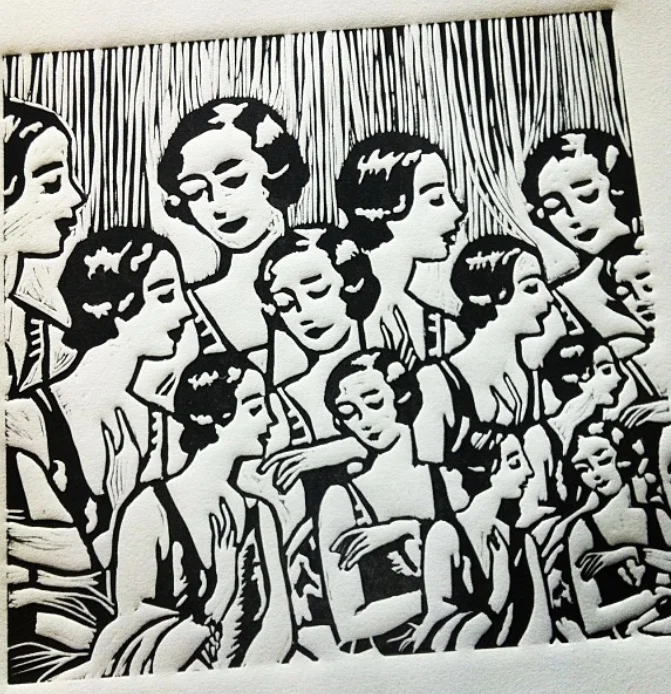 'miss scanlan's engagement' original lino print
