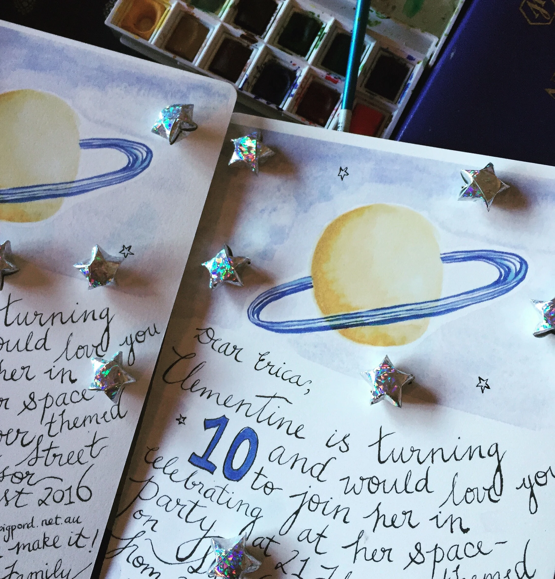 bespoke invitations watercolour and acrylic ink with origami star detail features