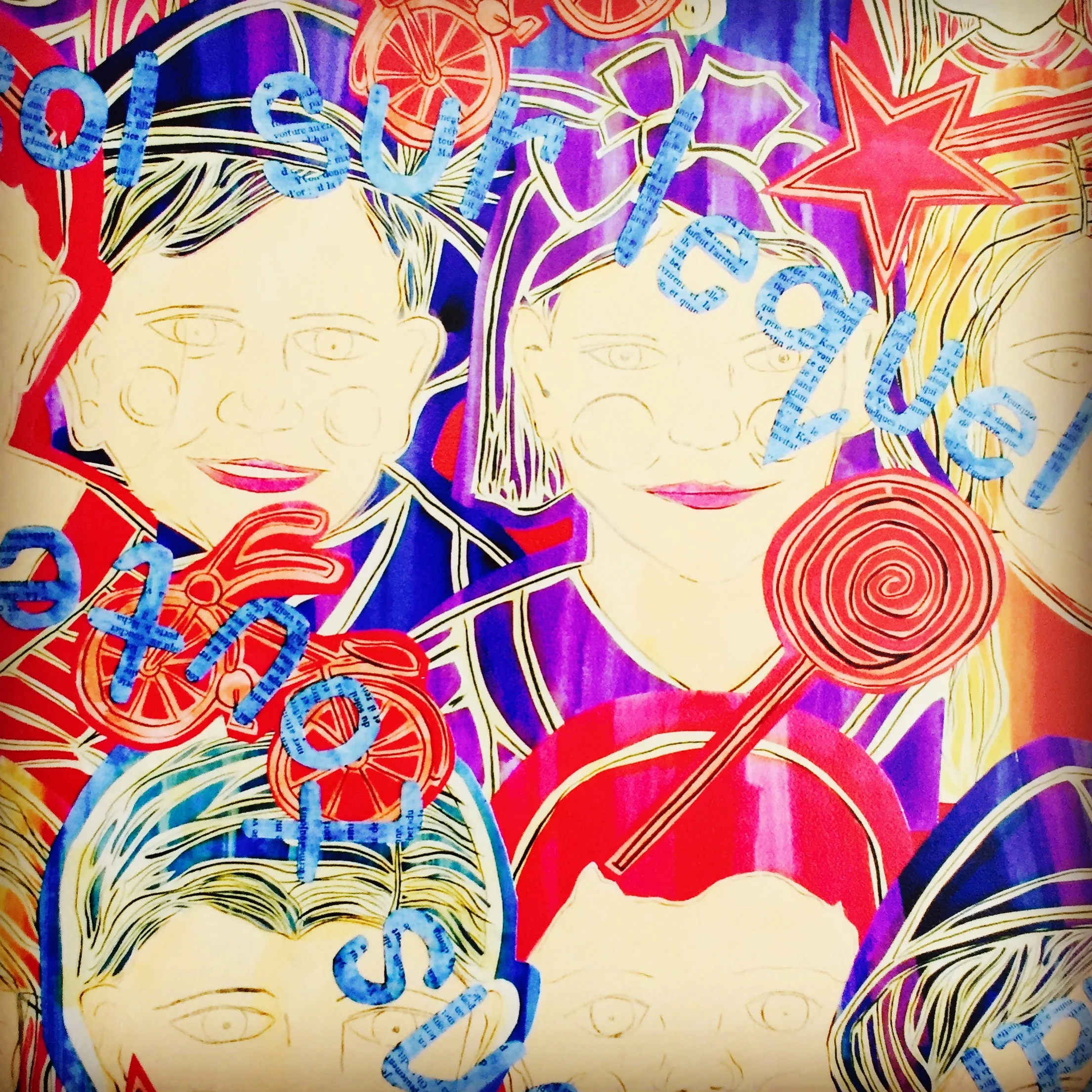 l'enfance' mixed media work on canvas featuring hand-cut paper letters from 1920s French literature