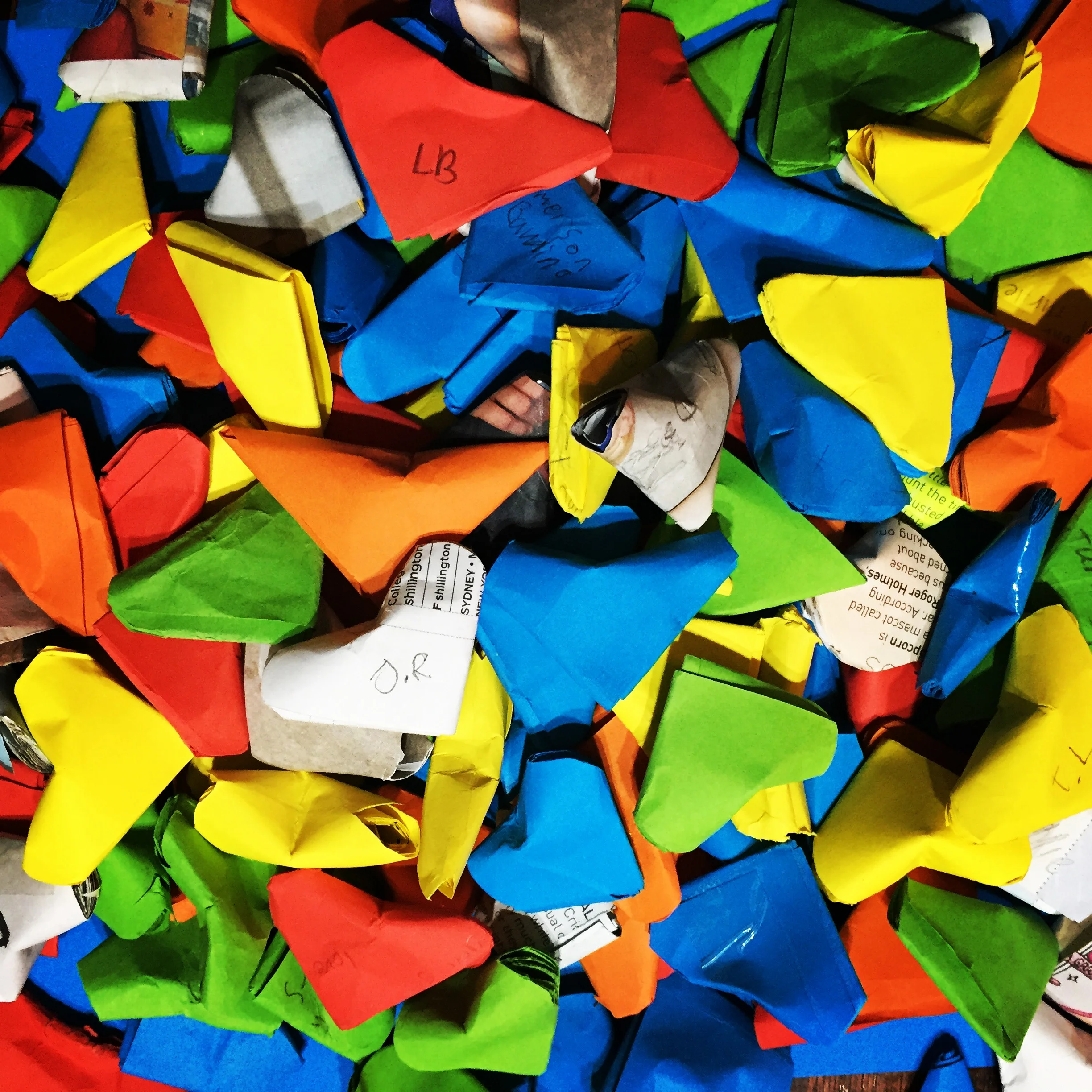 Origami lucky hearts incorporating the children's own personal messages of kindness, peace and thoughtfulness to be included in our installation.
