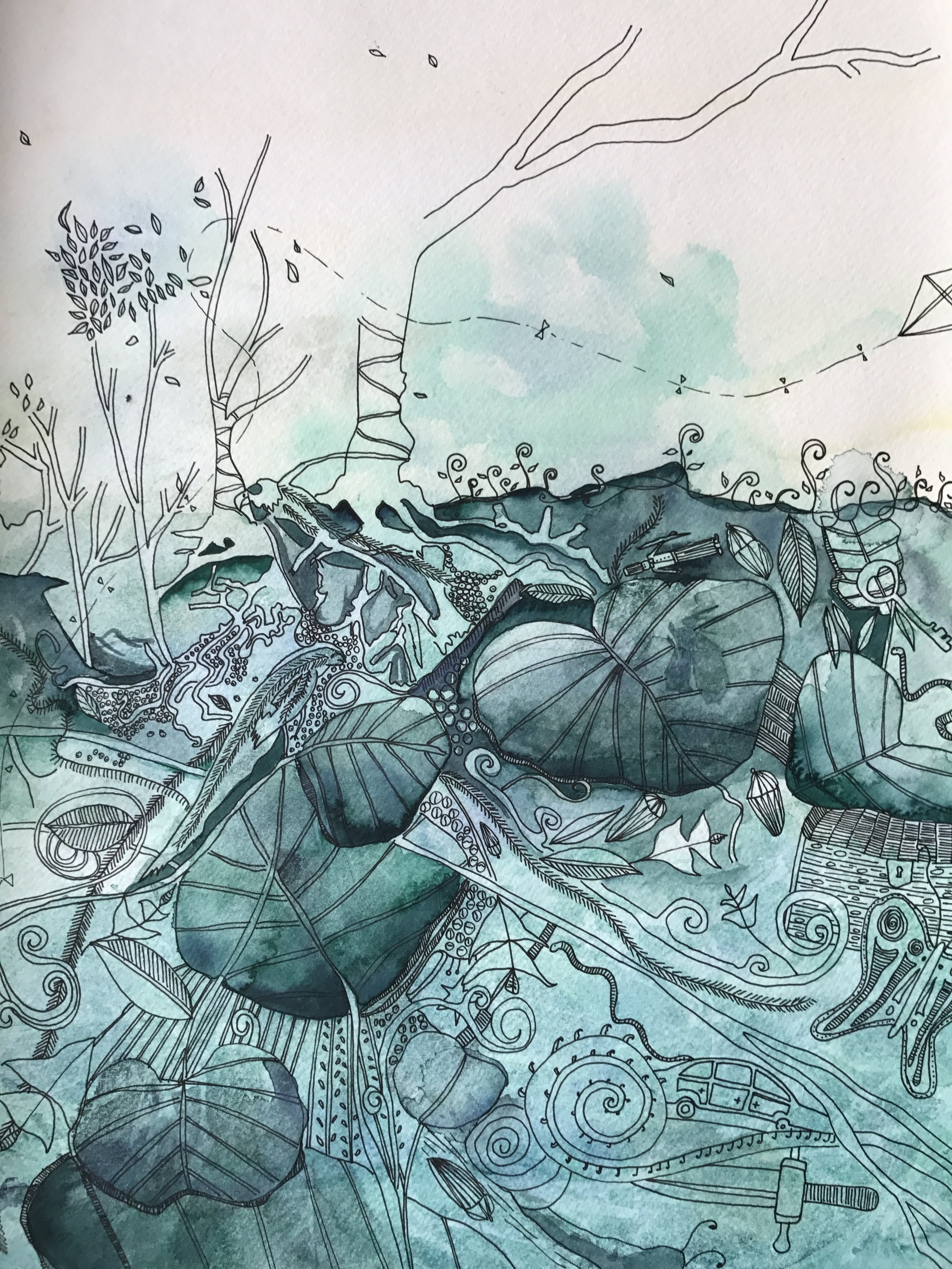 Backyard childhood treasures : acrylic ink and watercolour