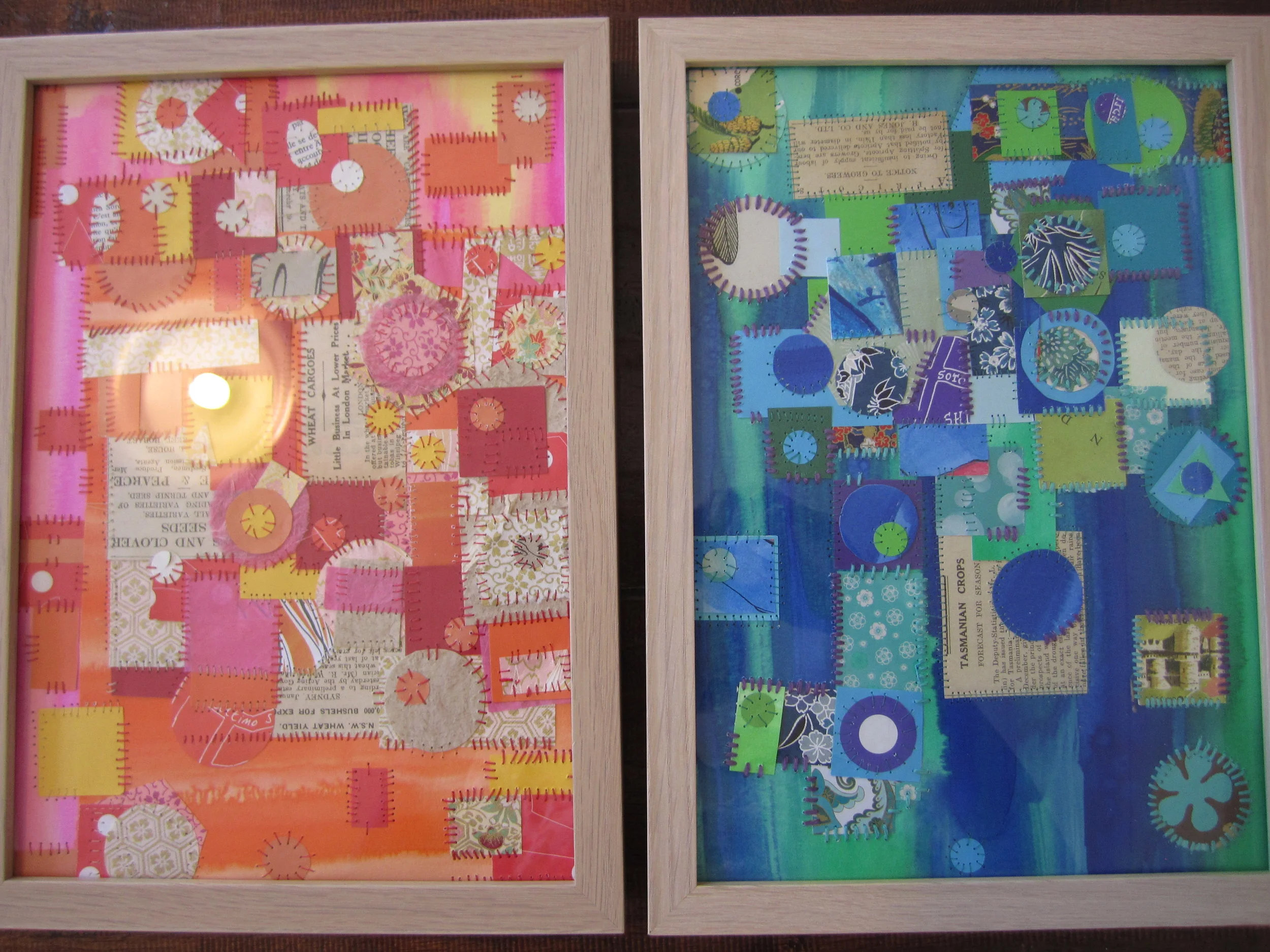 'In drought' and 'Flooding rains' (mixed media works - cut paper, embroidery, acrylic inks)