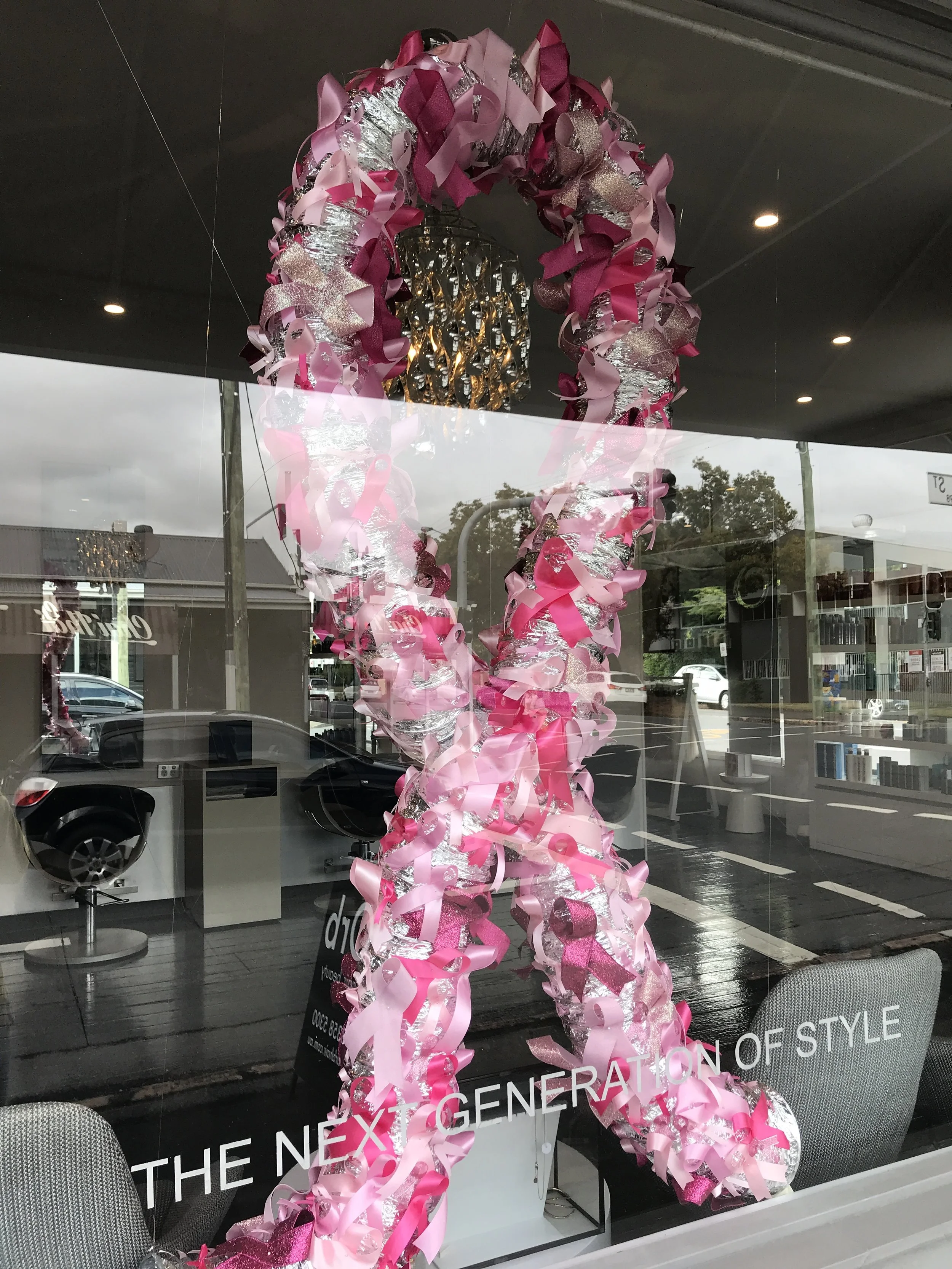 Breast Cancer Awareness Month Pink Ribbon Installation for Orb Hair and Beauty - More in blog!