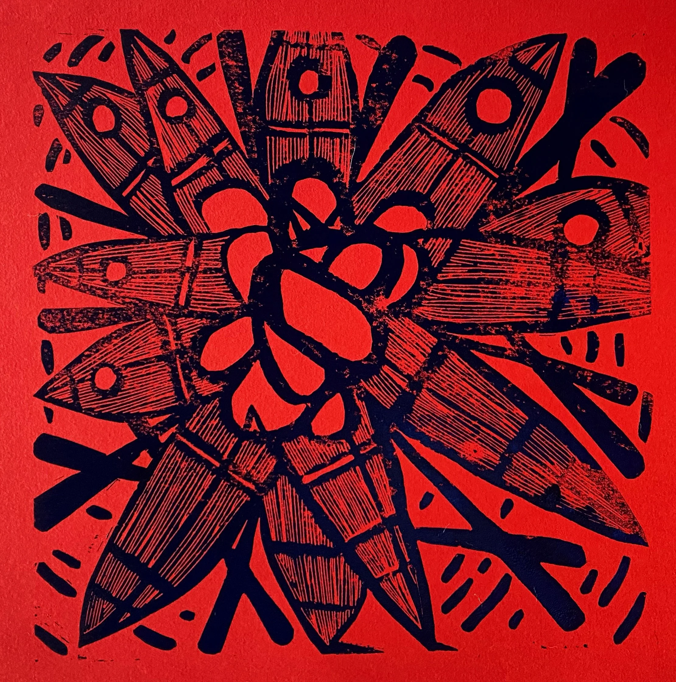 Quajaq-ualak (lino print, oil-based Prussian blue ink on red paper)