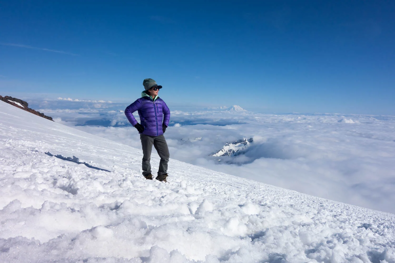 Feeling strong at Camp Muir. Thats the Cowlitz Glacier out back