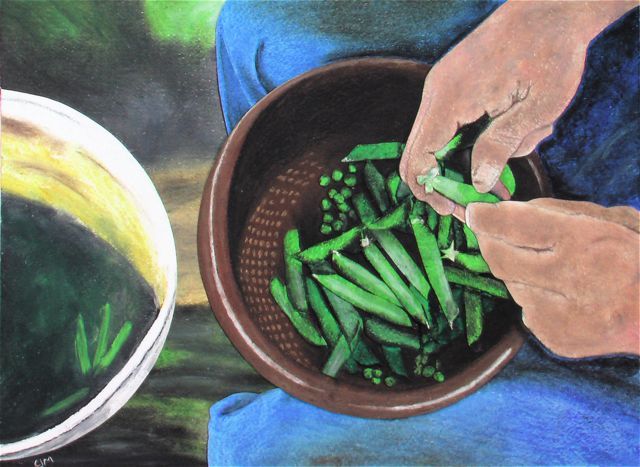 Peas, 2005, Oil Pastel on Collaged Paper, 11 x 14