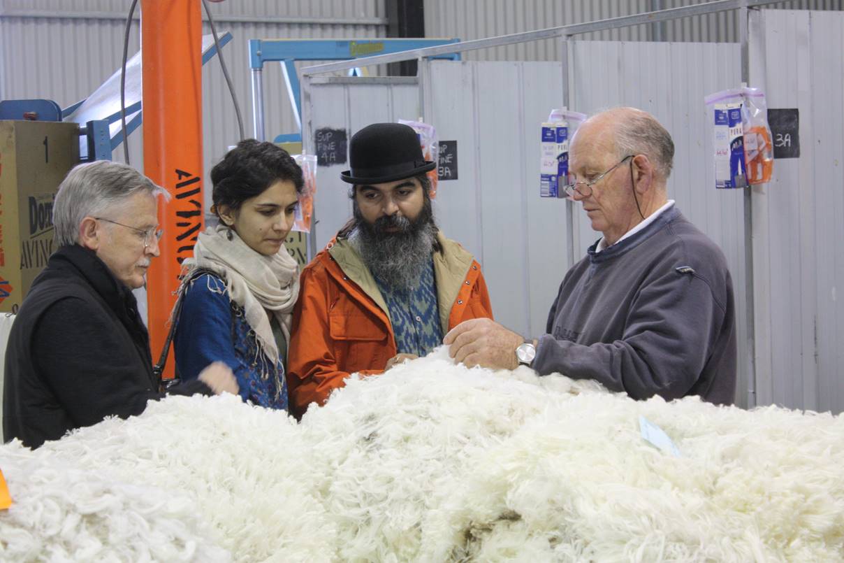 Experiencing shearing at Avington: Noel Henderson, Svetlana Dhir, Suket Dhir, Frank Bates (Avington wool classer).