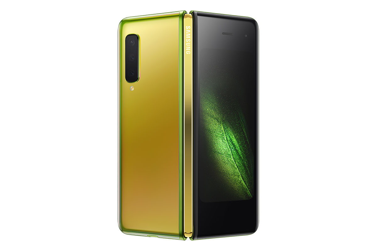 Samsung Galaxy Fold สำหรับ AT&amp;T สีตัวเครื่อง Martian Green และสีบานพับ Gold