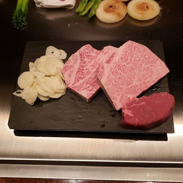 Teppanyaki from Misono restaurant in Japan - This is the first teppanyaki restaurant in the world.

The Misono highest quality wagyu beef steak (two big ones in light red) is great. It is very juicy and melts in your mouth.

The regular tenderloin st