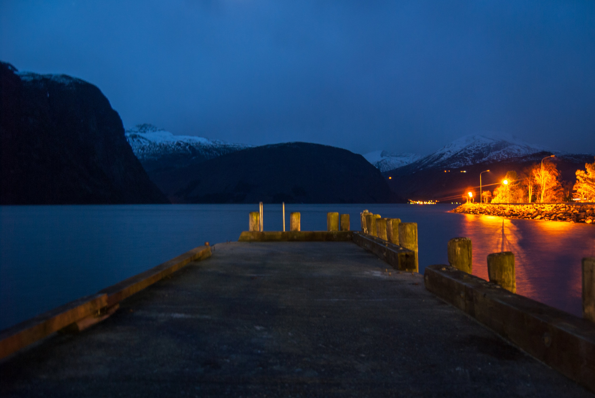 The harbor in Valldal, looking towards the fjord. Nikon D200.