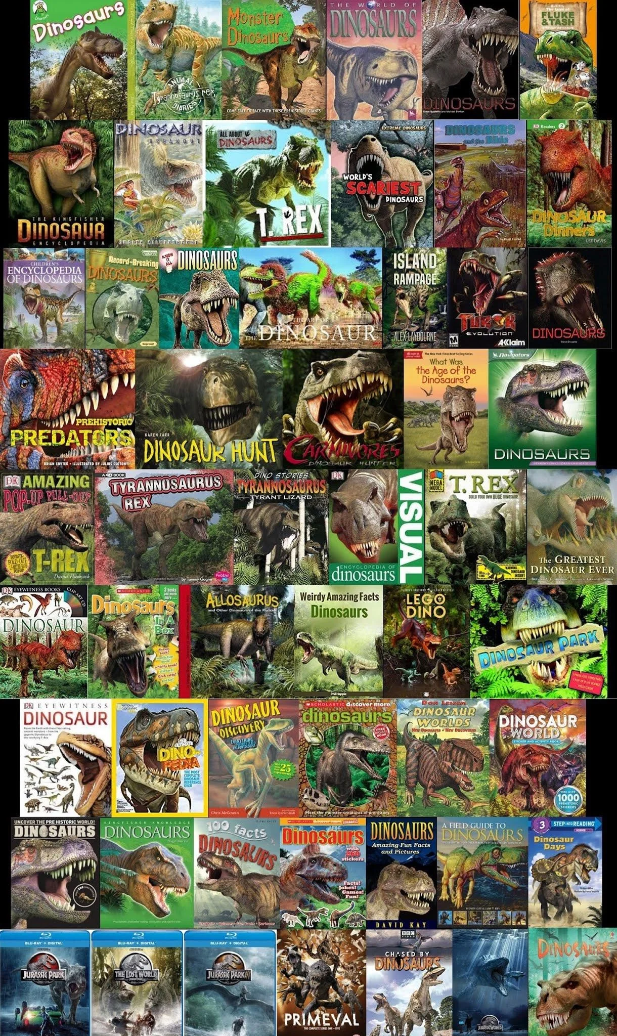 The results of Google image search for ‘dinosaur book’ or ‘dinosaur DVD’: dozens and dozens of prehistoric animals (mostly theropods) that want to eat our faces.