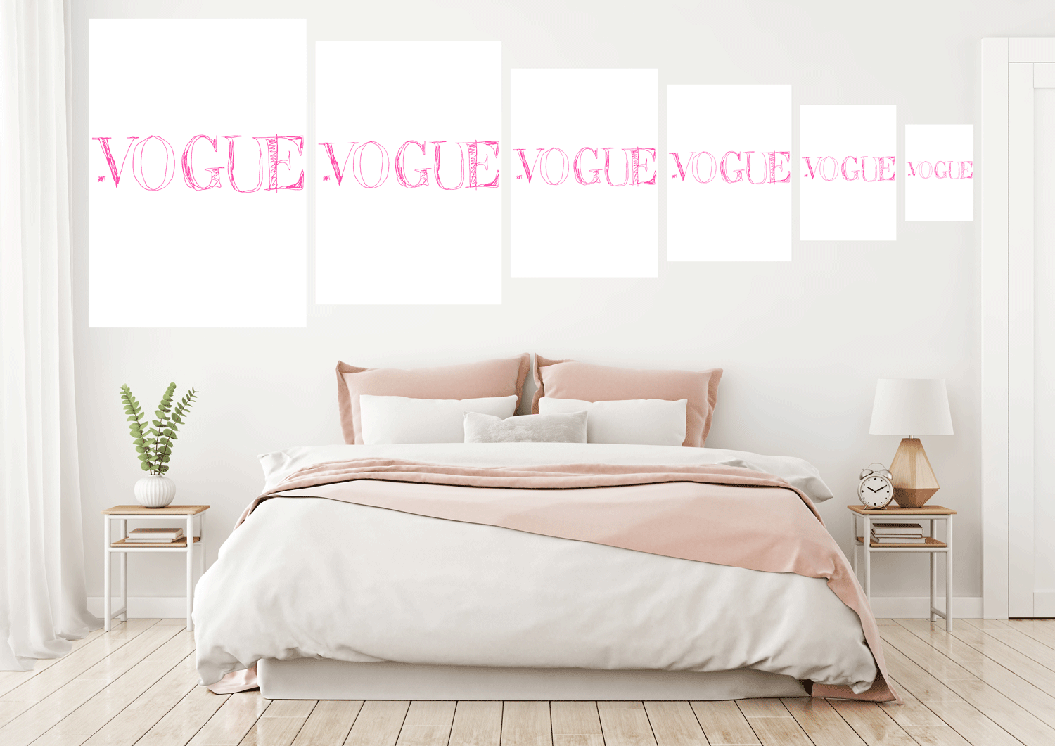 Pink, girly, minimal Scandinavian wall styling and home decor inspiration. With pink Vogue prints in a5, a4, a3, a2, a1 &amp; a0 size comparison spaced out.