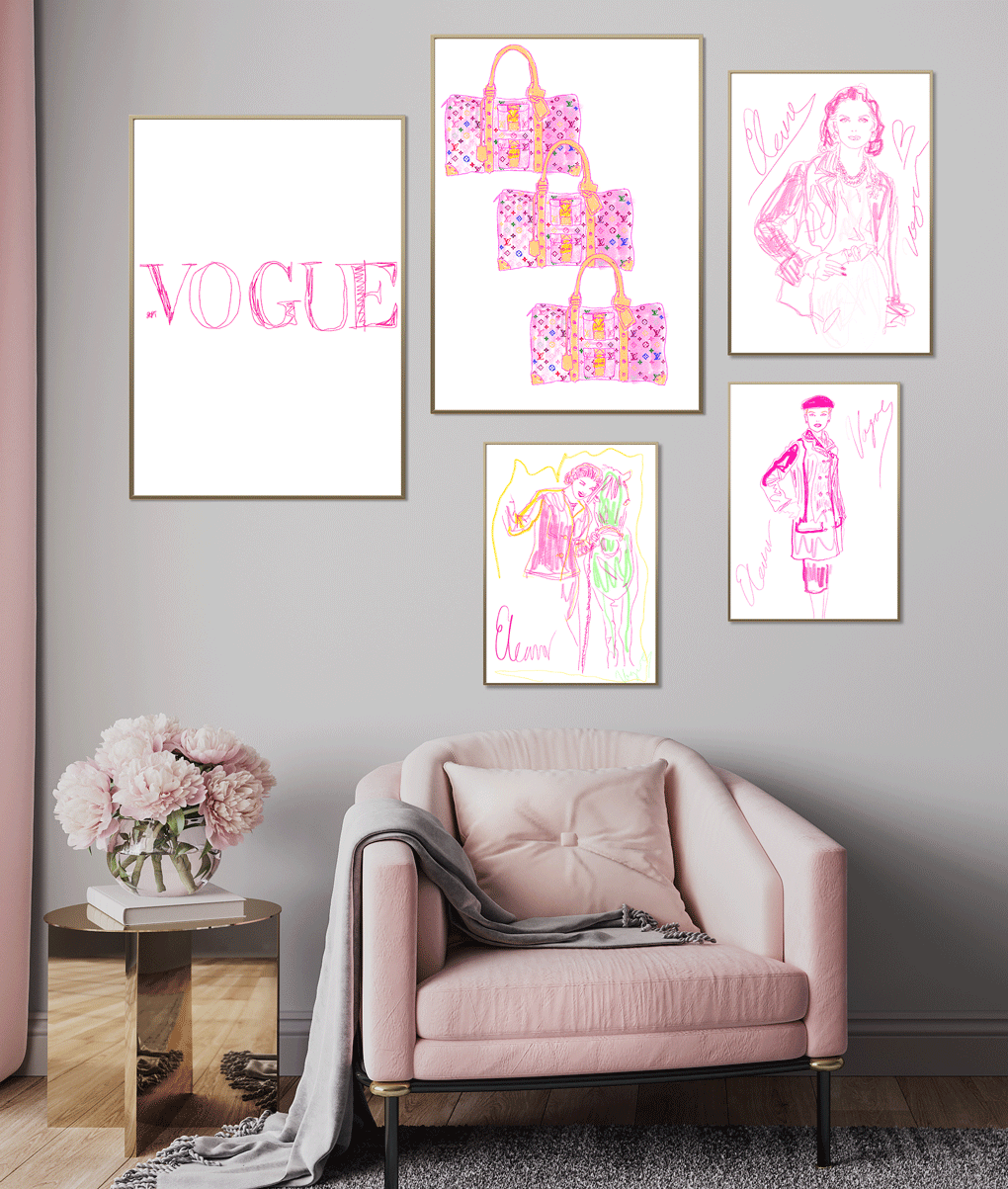 Vogue and Louis Vuitton art prints design inspiration, with pink, girly aesthetic, flower and pink chair.