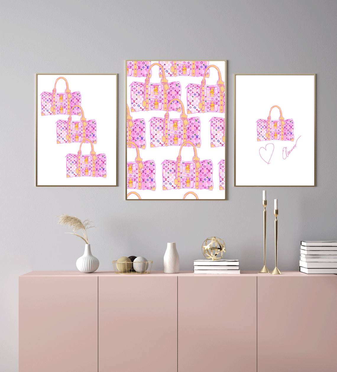 Pink Louis Vuitton prints! With gold styling. All by Eleanor.