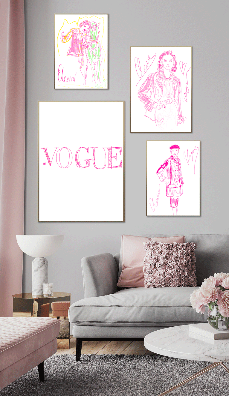 Vogue fashion prints, styled with flowers in a feminine style for office or home.