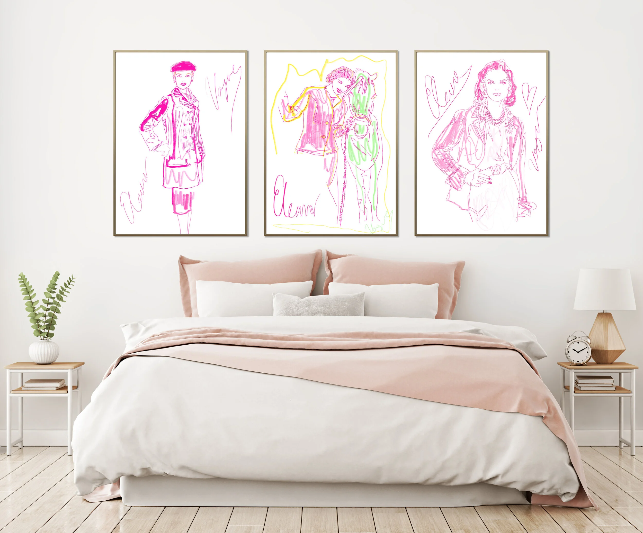 Pink bed with girly Vogue prints interior decoration