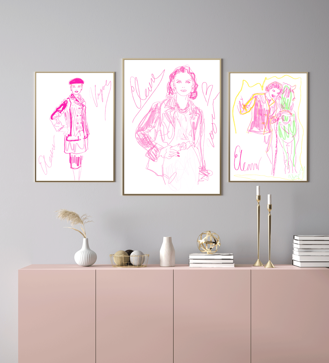 3 Vogues prettily displayed in pink and gold minimalistic decor with vases &amp; accent candles.