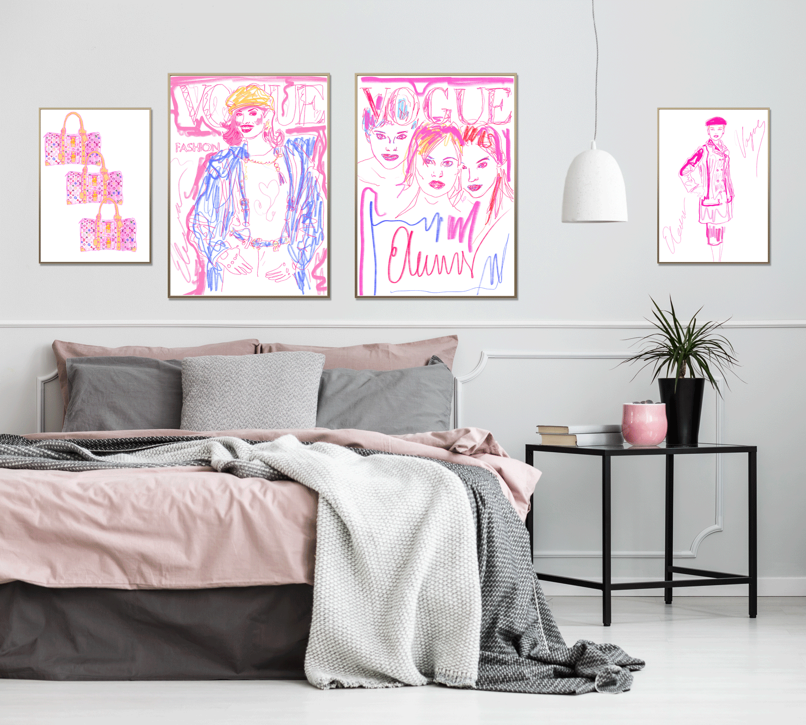 Eleanor Stewart prints: Vogue CT with Vogue Sep 1993, Vogue 1 &amp; 3 Louis Vuittons. Styled with pink, modern, interior decor.
