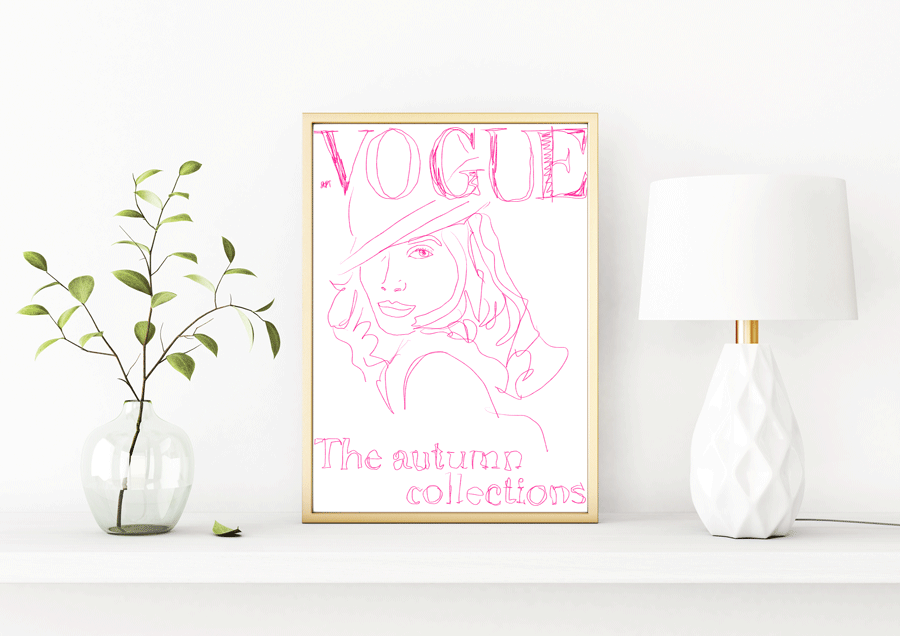 Vogue pink &amp; white minimalist CT Christy Turlington cover art print with minimal, ‘Scandinavian’ styling inspiration.