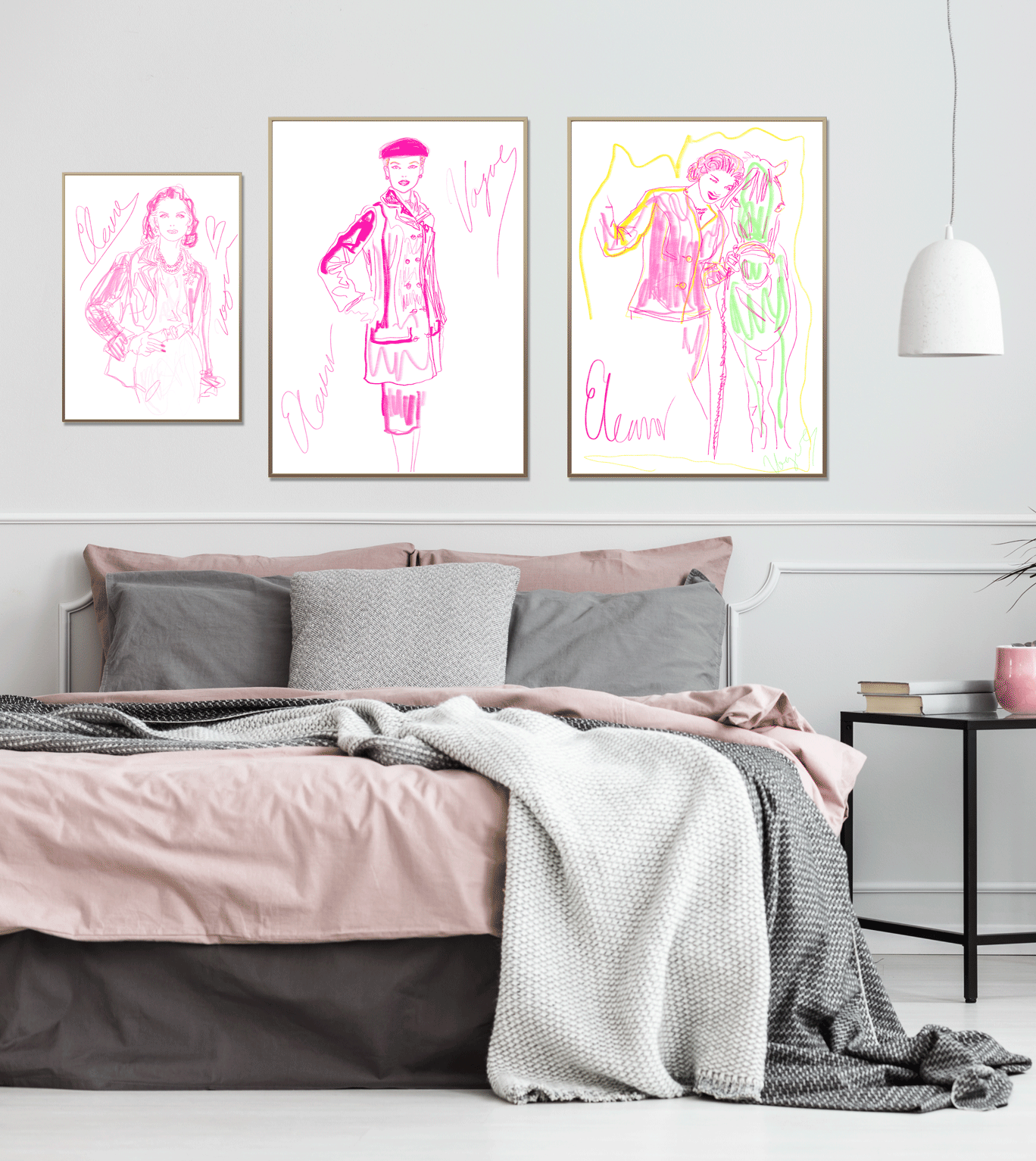 Pink, girly interior Vogue print design inspiration.