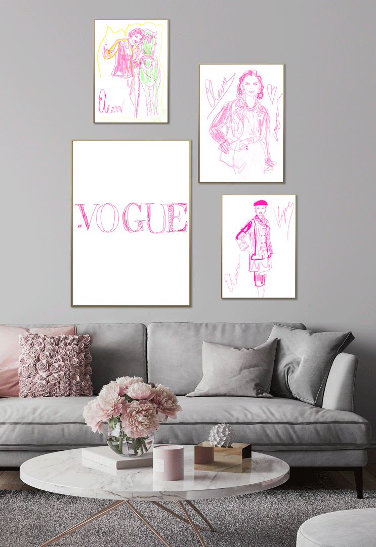 Vogue fashion art prints, framed with gold framed. Styled in a girly, pink way with flowers and couch interior design.