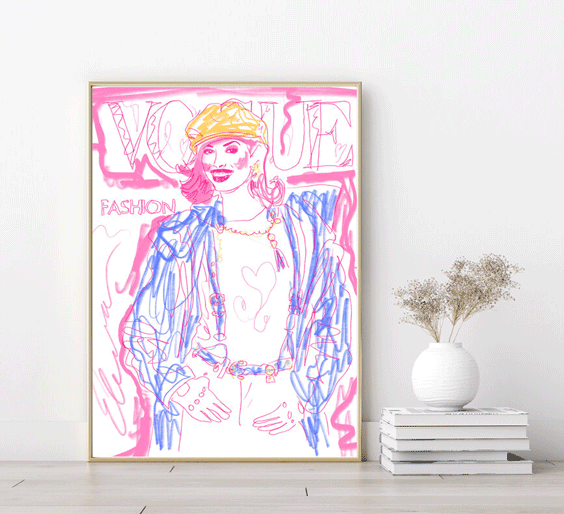 Minimalistic, Scandinavian pink Vogue art print by Eleanor Stewart, minimalist home styling.