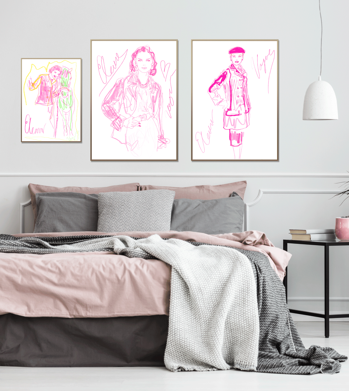 Vogue feminine, minimal, pink 50s, vintage, modern style fashion illustration art prints, with gold frames, arranged with feminine bedroom decor.