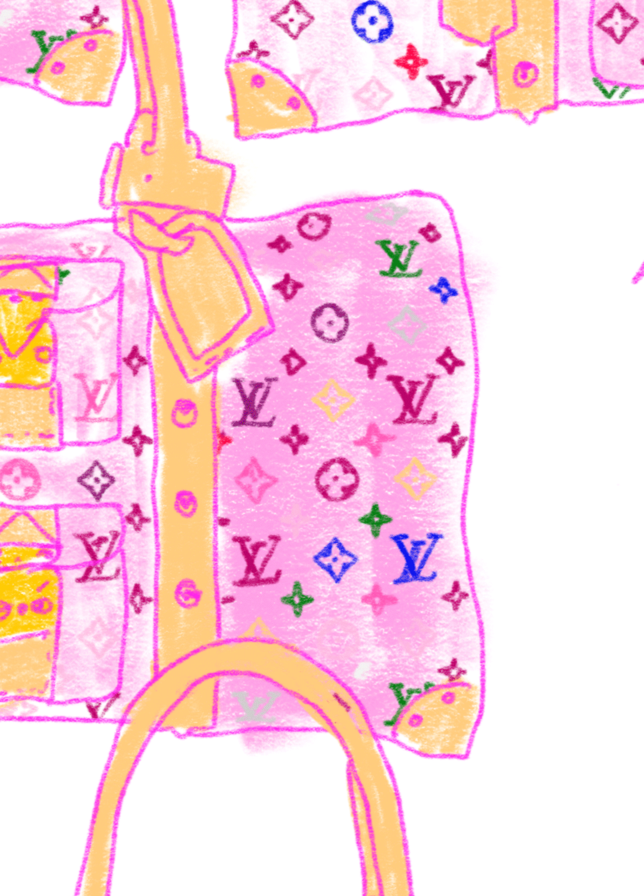 close up of Louis Vuitton artwork print by Eleanor Stewart, pink. Similar to Evelyn Henson or Megan Hess.