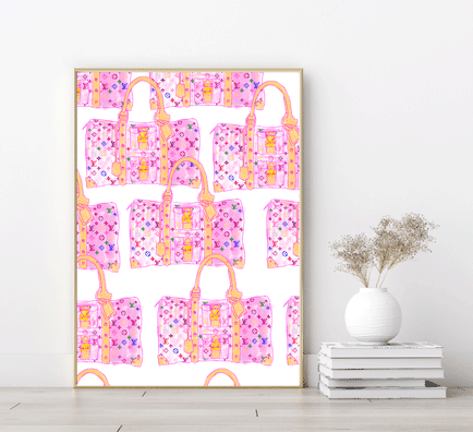 Multiple LVs Louis Vuitton logo pink printable fashion artwork, instant download. Like Megan Hess or Evelyn Henson.