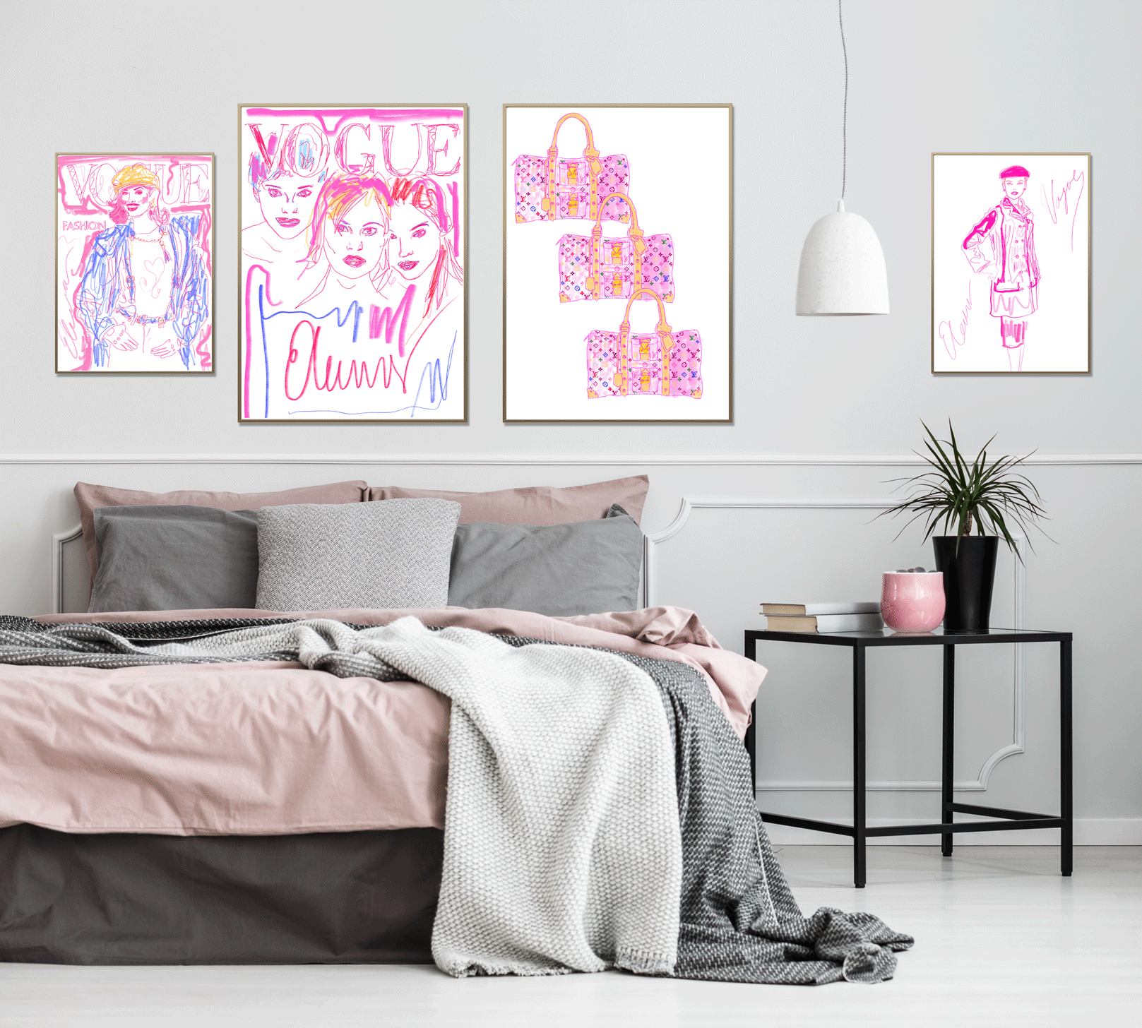 Eleanor Stewart art with gold frames and pink bedding.