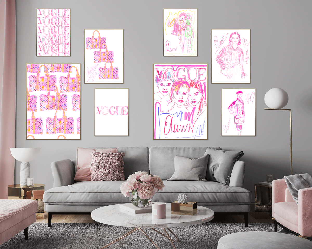 Vogue fashion prints, arranged with interior design styling.