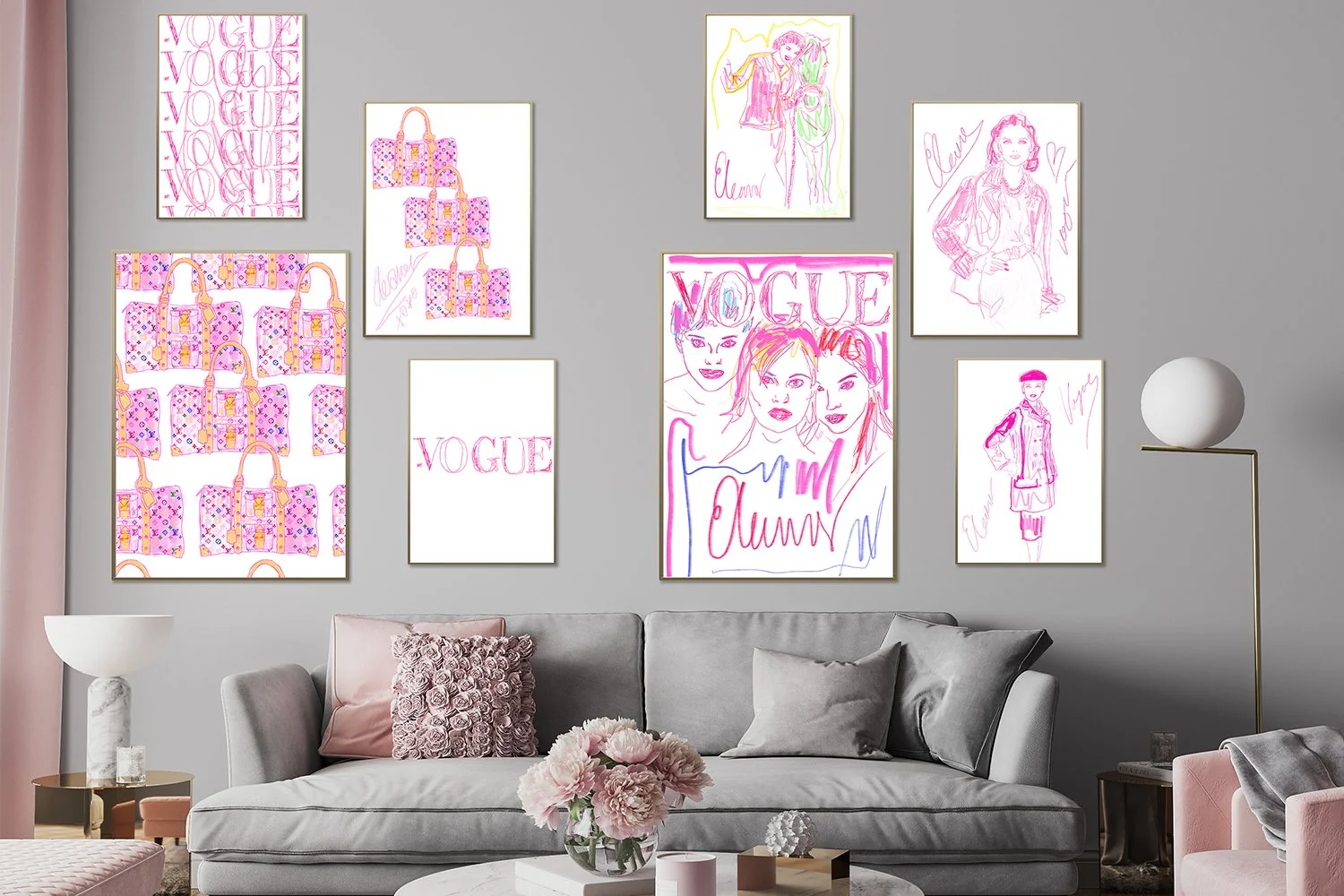 Pink Vogue and Louis Vuitton art prints, styled in a room, with girly decor and grey accents.