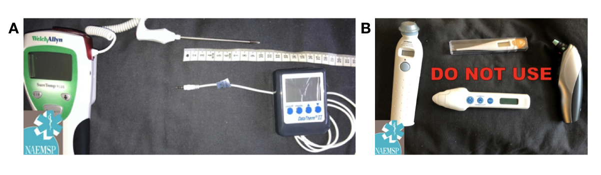 (A) Hospital thermometers probes (left) generally are unable to be inserted into the recommended depth of 15cm (B) Clockwise from left: Temporal artery surface thermometer, oral digital thermometer, tympanic membrane thermometer and forehead infrared thermometer. These devices should not used in the evaluation of EHS due to problems with accuracy.
