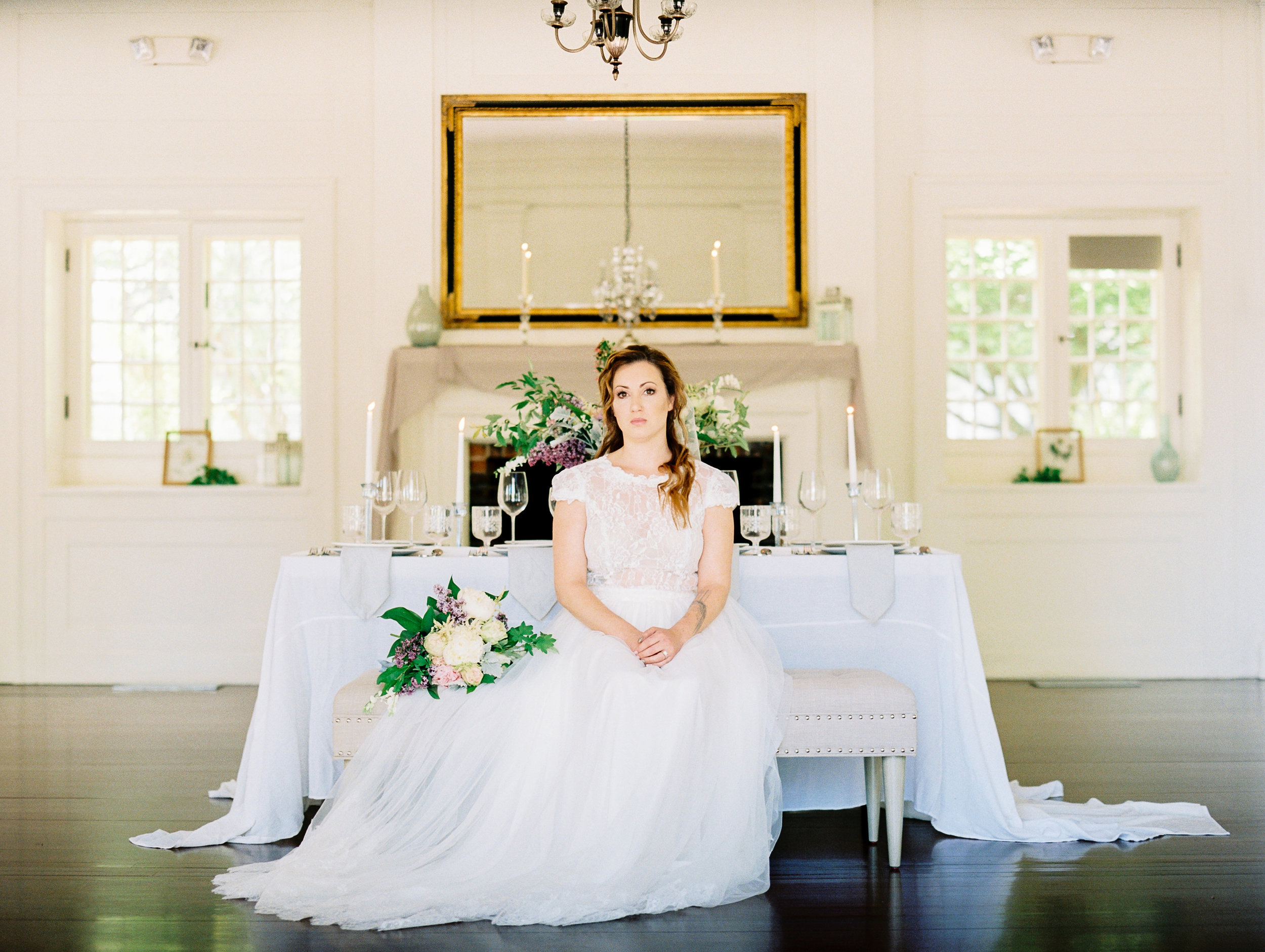 Bride with Bouquet Lavender, Greenery, White