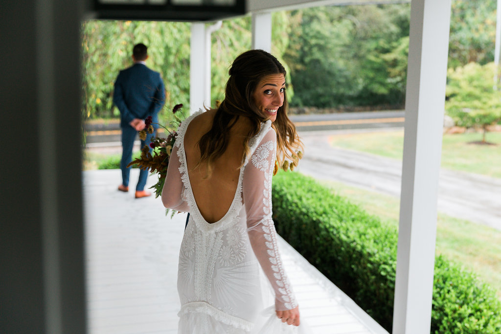 Bride and Grooms first look! Her Rue De Seine Bridal dress is to die for! Planner | Pearl Weddings & Events