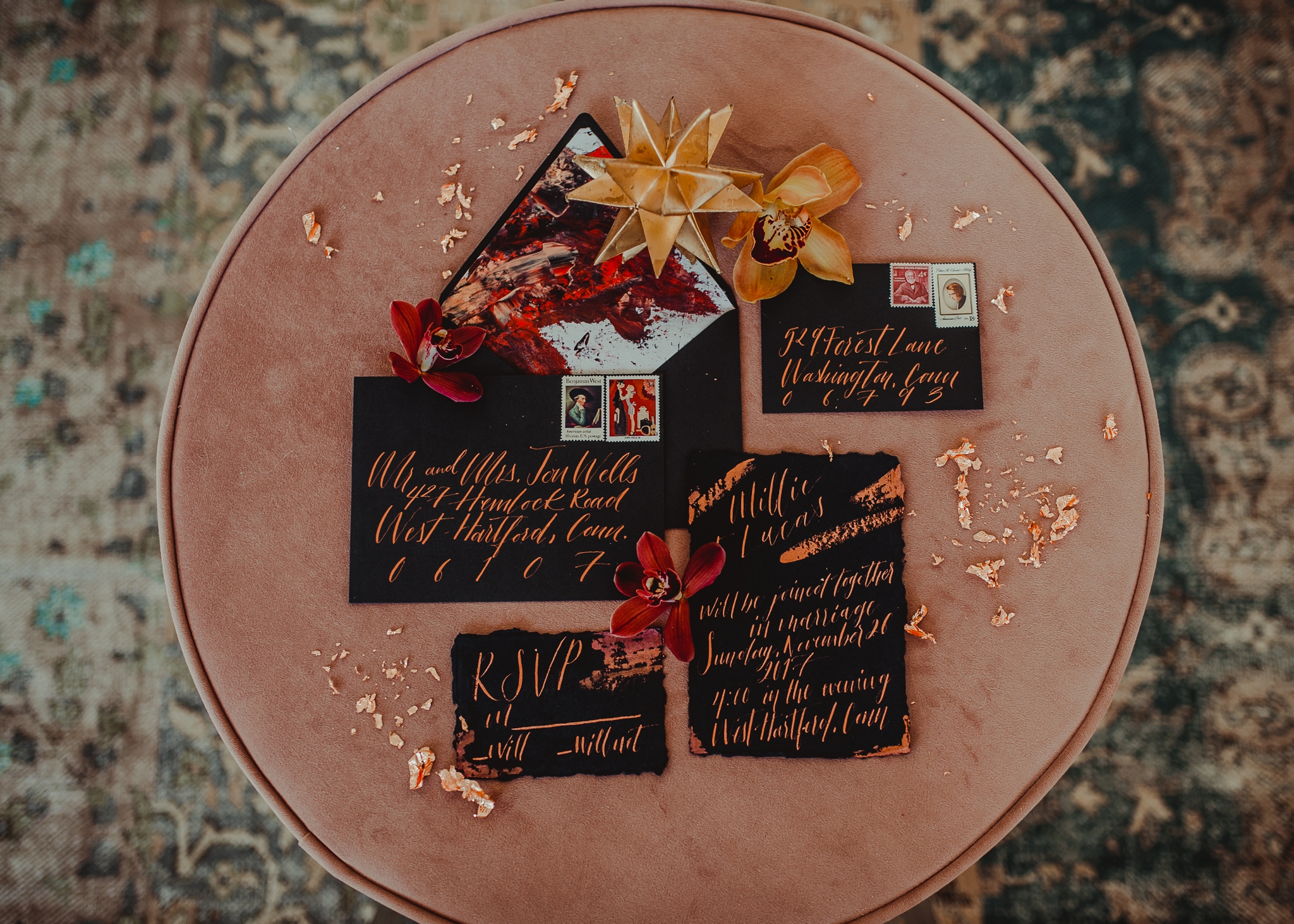 Black Invitations with copper by Cat Wilcox - Pearl Weddings & Events