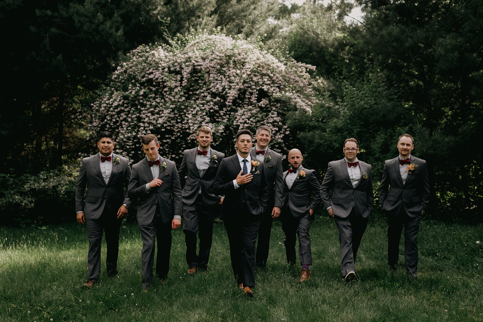groomsmen in grey suits and red bow ties - Pearl Weddings & Events