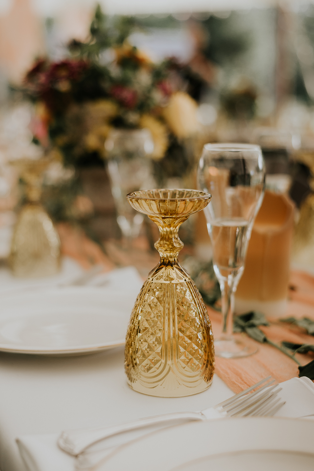 Boho vibe with yellow glassware for a wedding reception - Pearl Weddings & Events