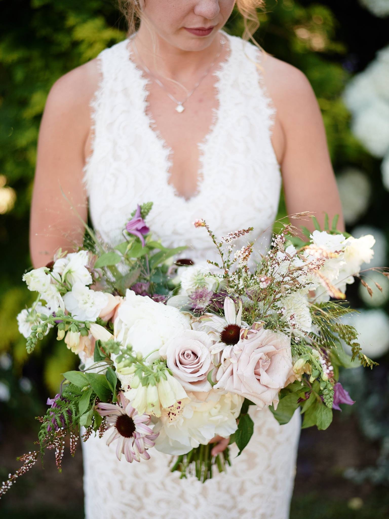 Organic bridal bouquet with greens, blush and lavender colors - Pearl Weddings & Events