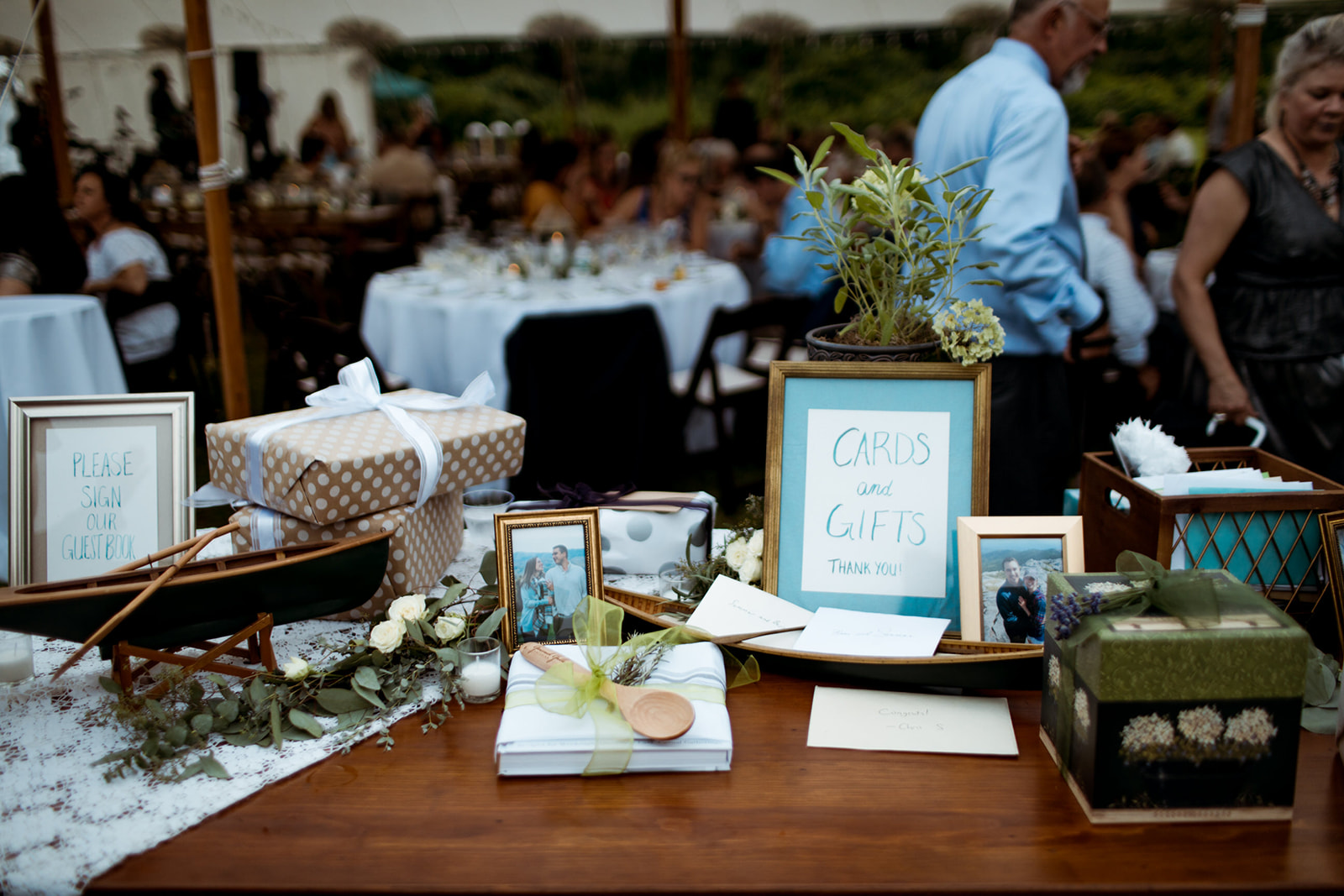 Outdoor tented wedding by the water, boat themed gift and cards table - Pearl Weddings & Events