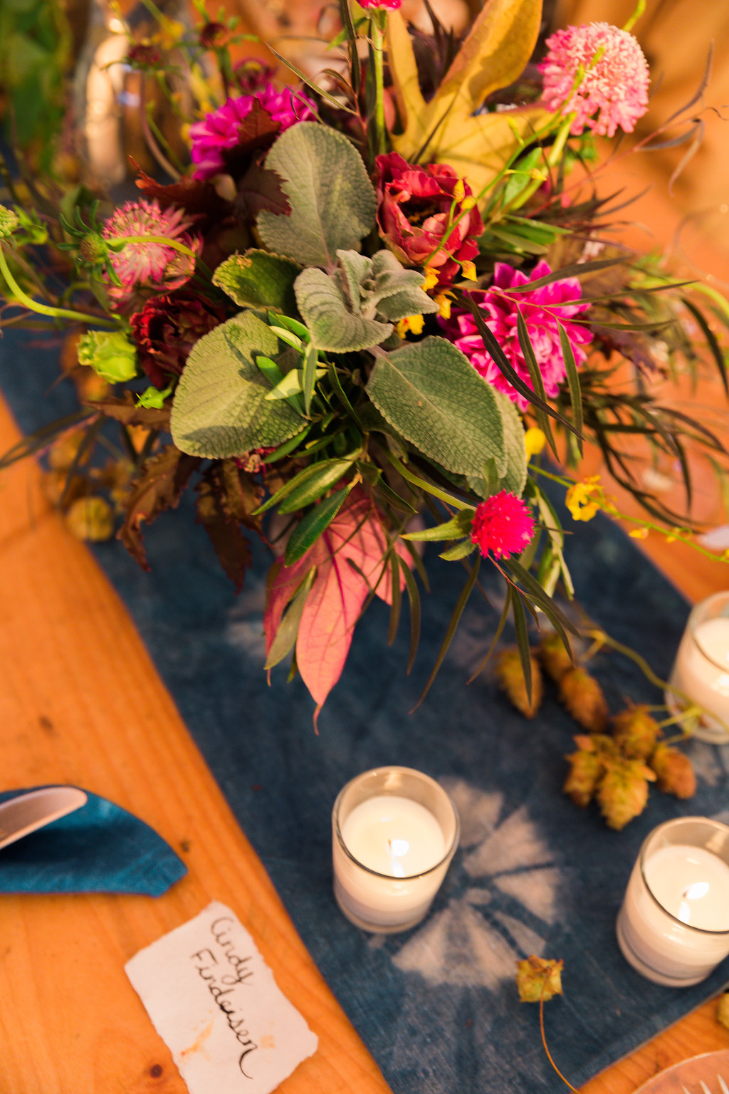 Denim runners, bright colors flowers and farm tables! - Pearl Weddings & Events