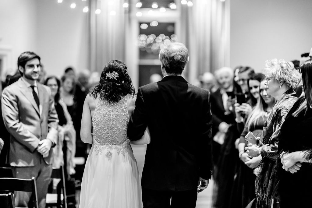 bride walking down the aisle at 19 Main in New Milford, CT - Pearl Wedding & Events