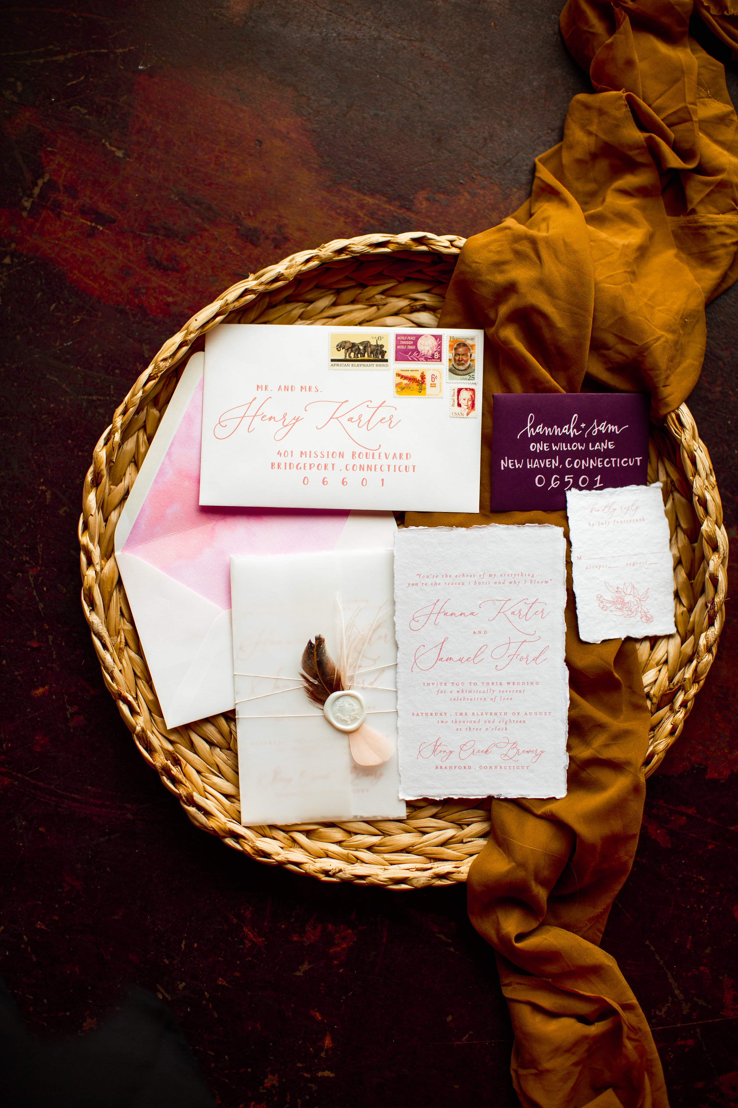 Pink, purple, water color, wedding stationary suite with feathers, wax seals and vintage stamps! - Pearl Weddings & Events