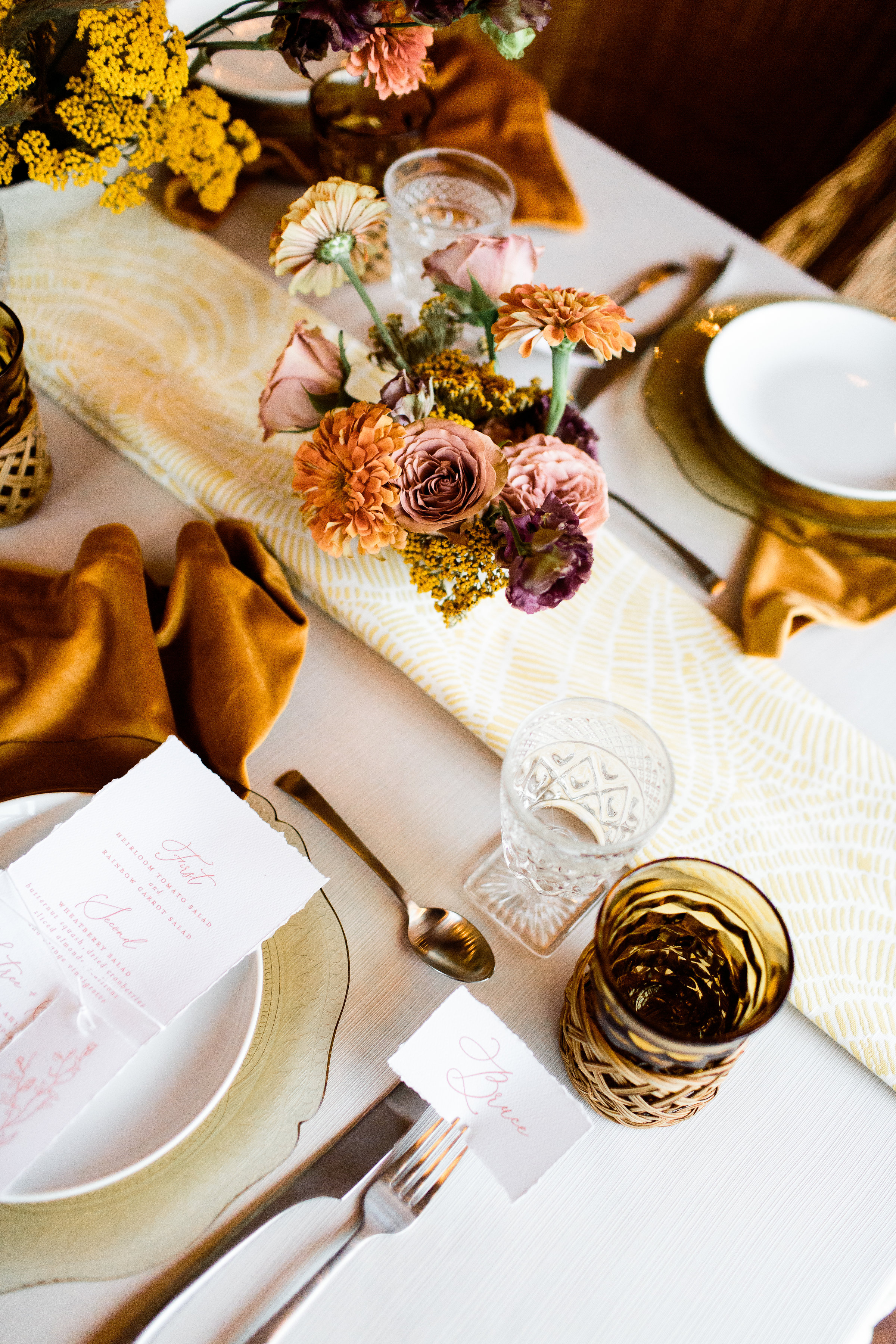 BBJ linen, velvet turmeric napkins, yellow lemon wheel runner and boho style blended with modern - Pearl Weddings & Events