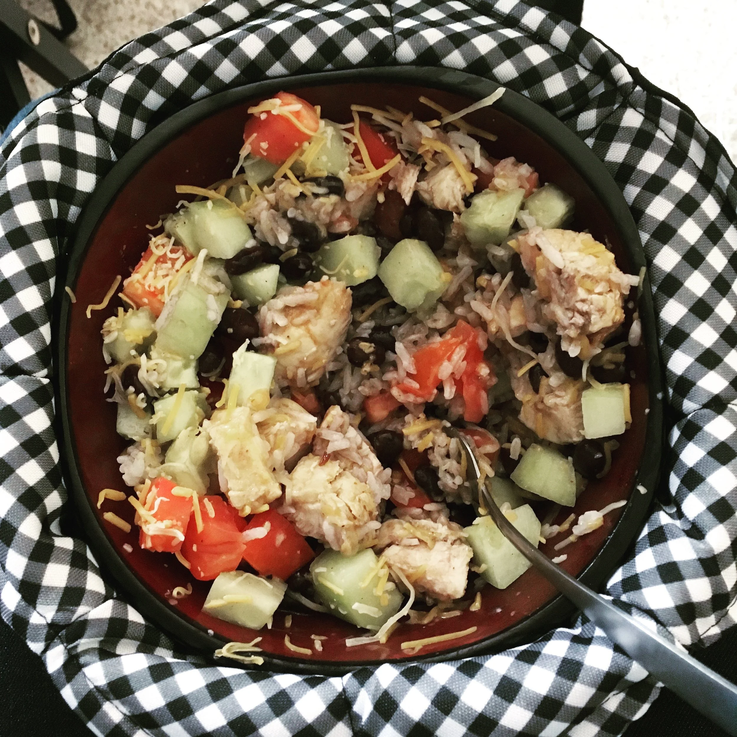 1158 || After errands I run home for a quick lunch. Today is left overs, mixing up "Moe's at home" with white rice from Sunday's Chinese take-out. Pretty good combination. Definitely reminds me that I need to cut my cucumbers and tomatoes into smaller chunks though. 