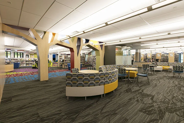 Warrenville, IL project 1: Master Plan w/Cost Estimate for Phased Renovation 24,000 sf / $3,150,000 project budget project 2: Under Construction Full Phased Interior Renovation w/Furniture 18,000 sf/$2,500,000 scope: Prior to the renovation project the Warrenville Library was an open plan with little discerning elements between the different program areas. By adding study rooms and a training lab product architects separated the two collections, allowing both spaces to have their own identities. More interactive elements and brighter colors were added into the children’s area, while the adult area received a fireplace, new lounge spaces, and a more visible AV collection in the center of the library..